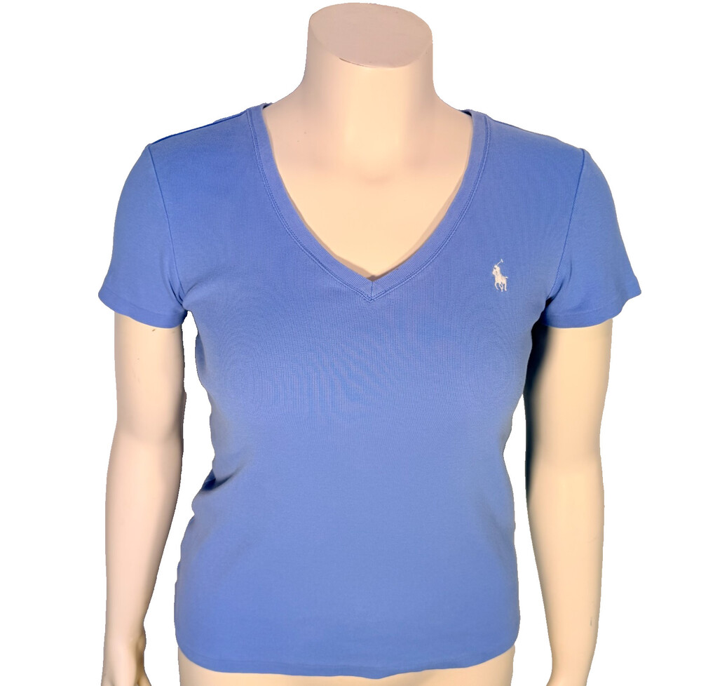 Polo Ralph Lauren Blue Tee Shirt Women's L White Embroidered Polo Pony V-Neck